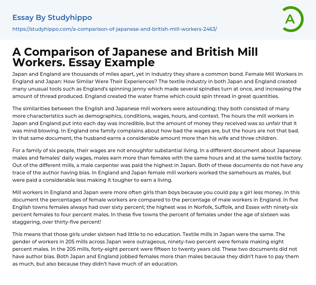 A Comparison of Japanese and British Mill Workers. Essay Example