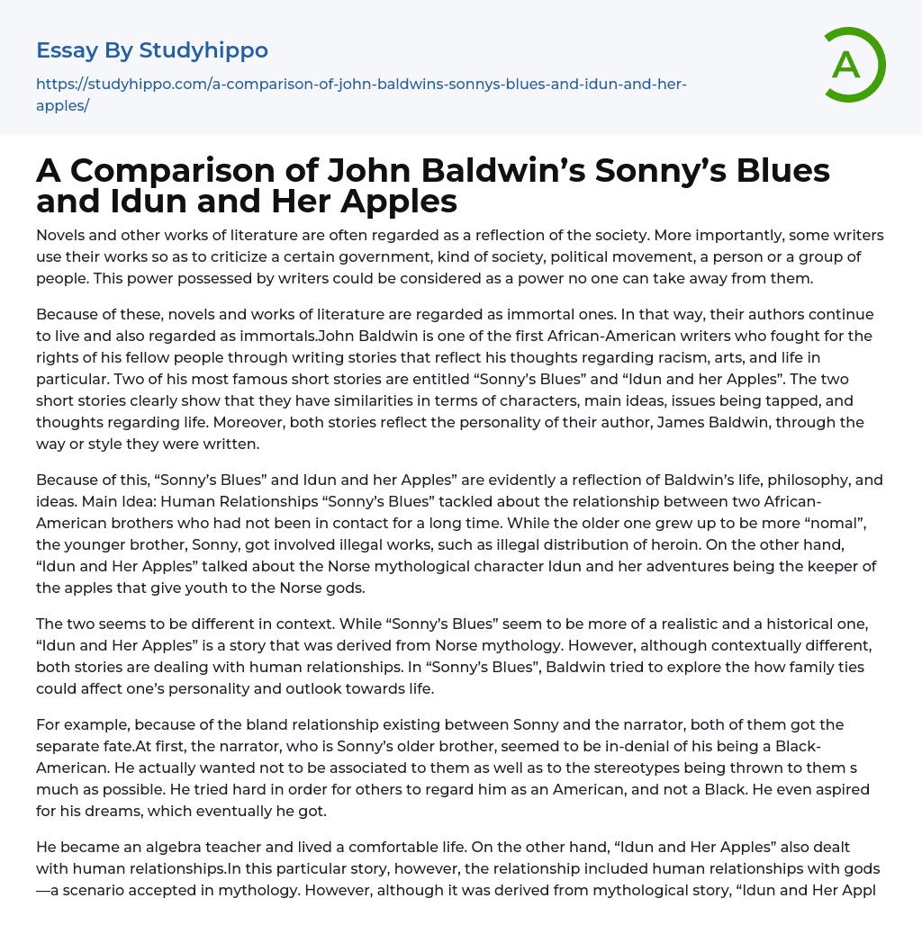 A Comparison of John Baldwin’s Sonny’s Blues and Idun and Her Apples Essay Example