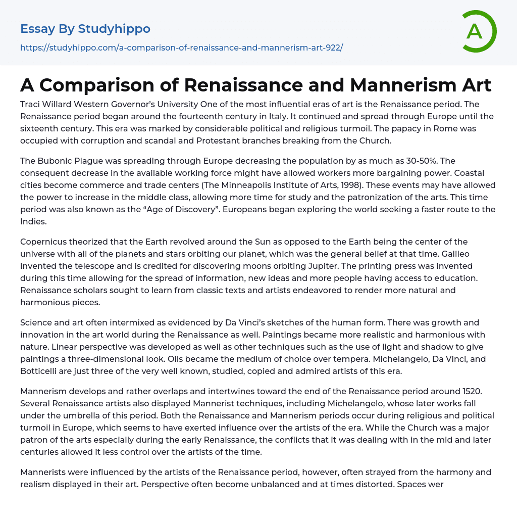 A Comparison of Renaissance and Mannerism Art Essay Example