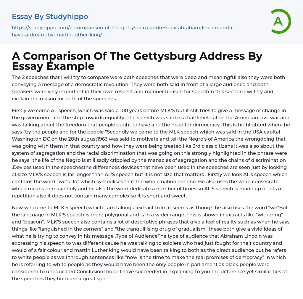 A Comparison Of The Gettysburg Address By Essay Example