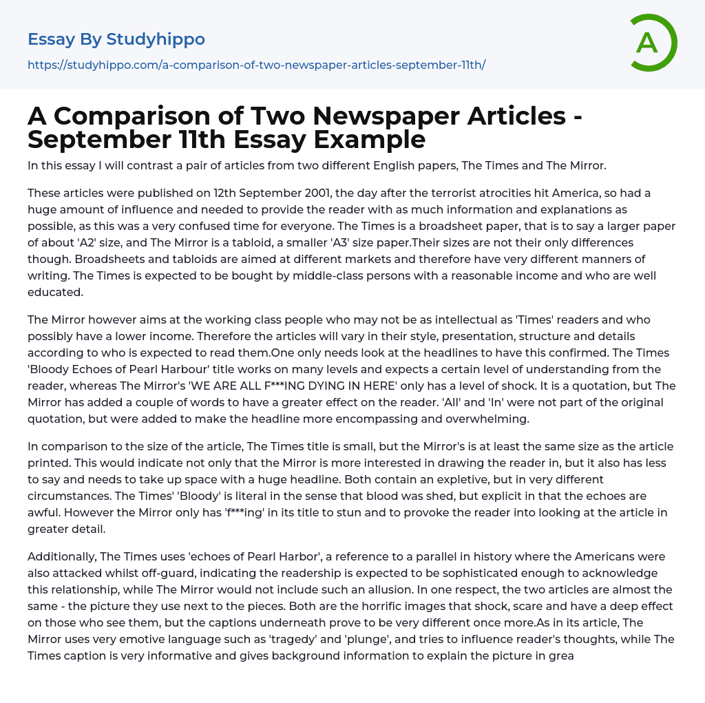 A Comparison of Two Newspaper Articles – September 11th Essay Example