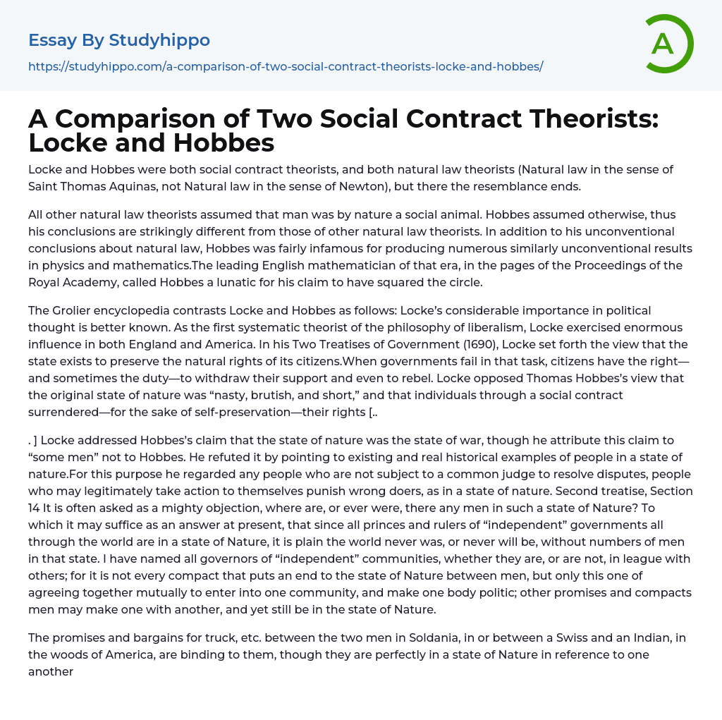 A Comparison of Two Social Contract Theorists: Locke and Hobbes Essay Example