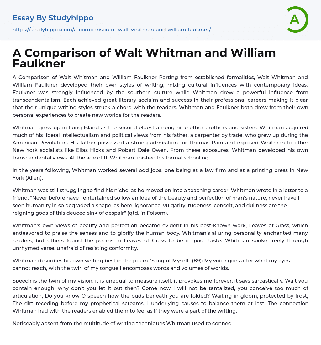 A Comparison of Walt Whitman and William Faulkner Essay Example