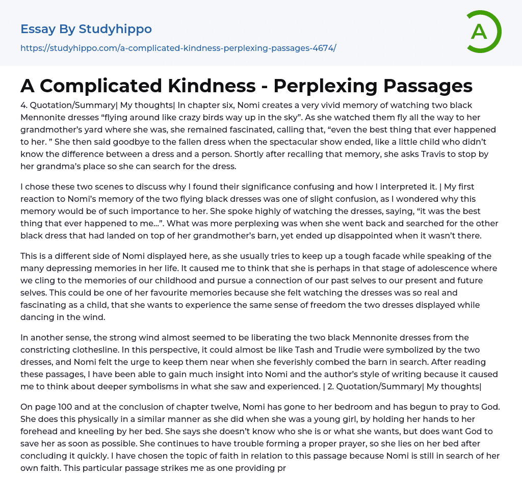 A Complicated Kindness – Perplexing Passages Essay Example