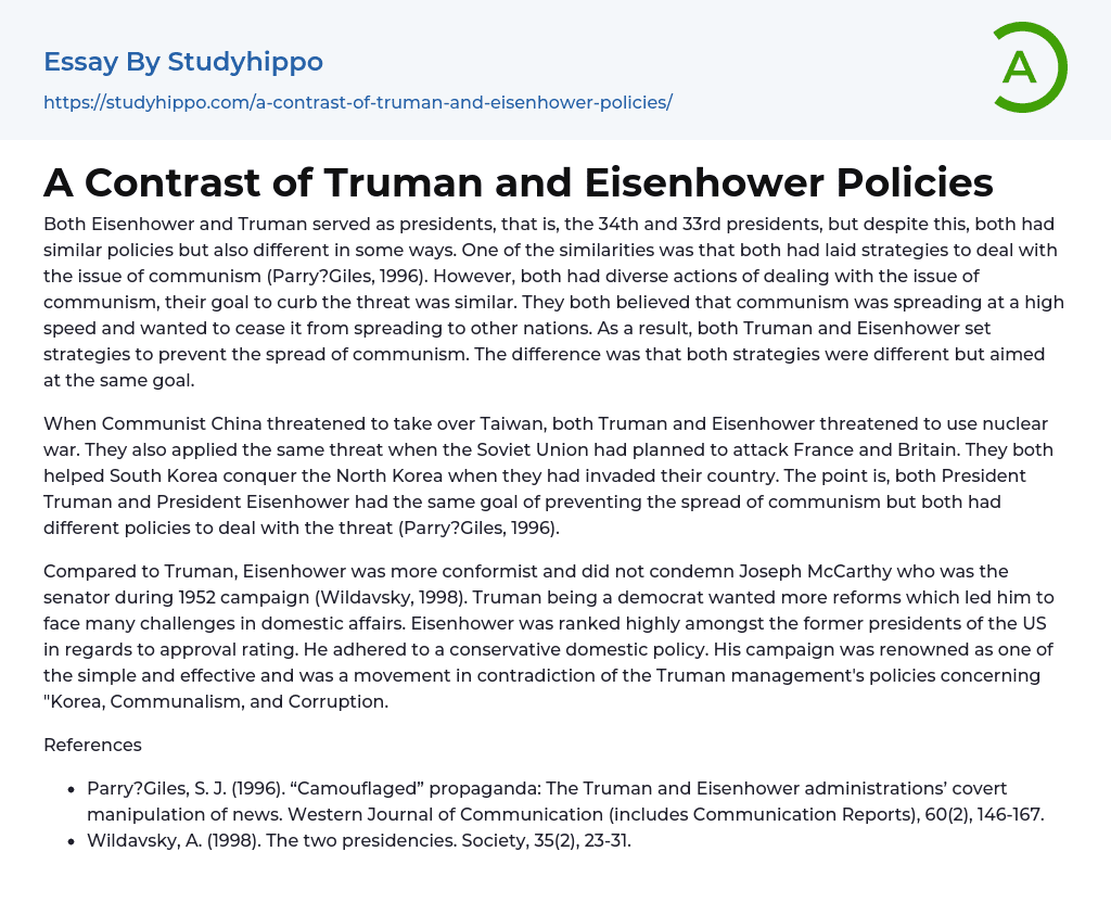 A Contrast of Truman and Eisenhower Policies Essay Example