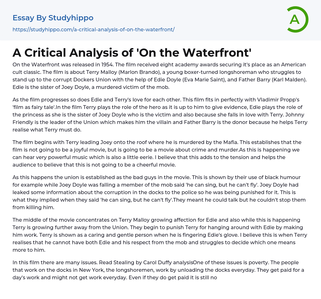 A Critical Analysis of ‘On the Waterfront’ Essay Example