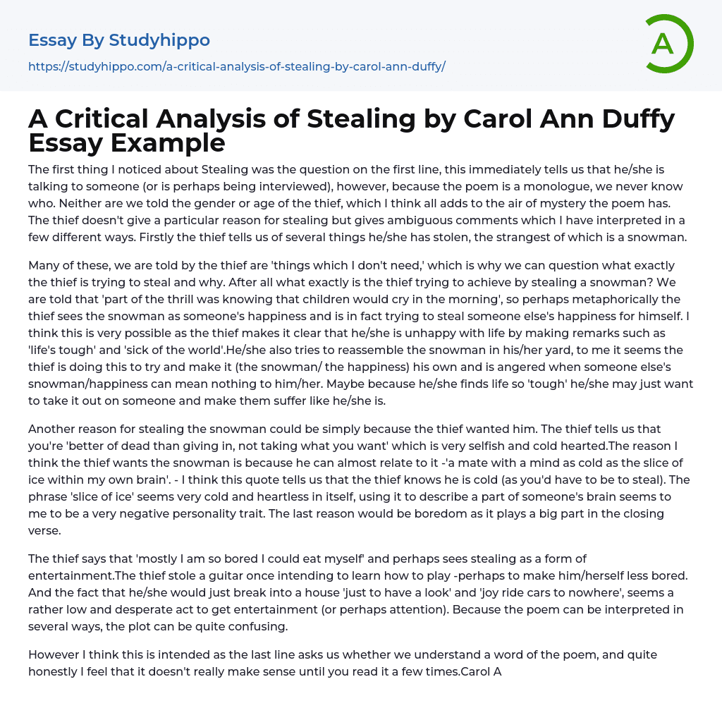 A Critical Analysis of Stealing by Carol Ann Duffy Essay Example