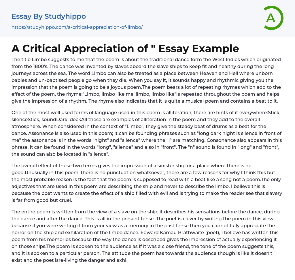A Critical Appreciation of &quot Essay Example