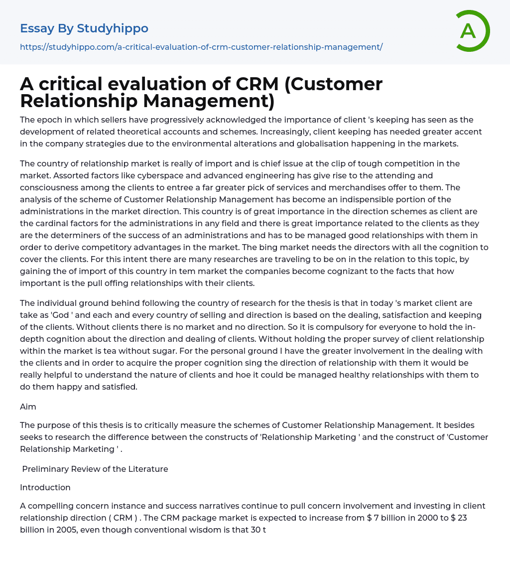 A critical evaluation of CRM (Customer Relationship Management) Essay Example