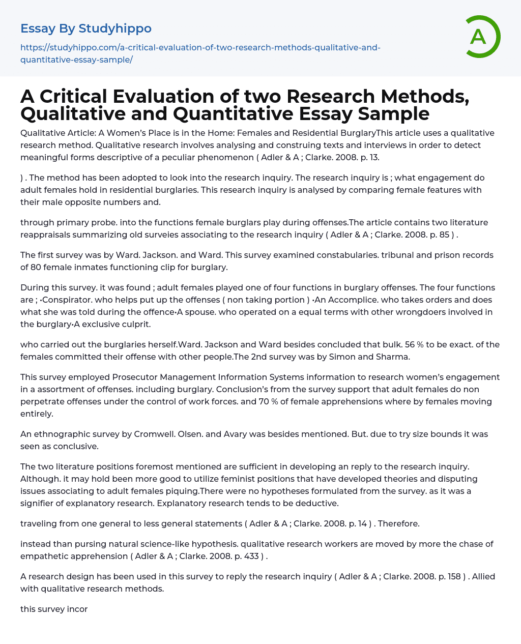 A Critical Evaluation of two Research Methods, Qualitative and Quantitative Essay Sample