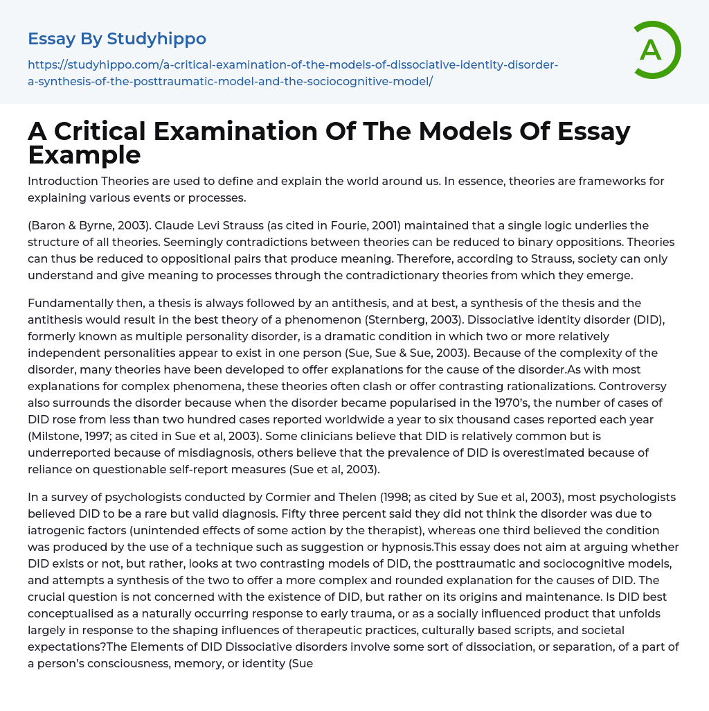A Critical Examination Of The Models Of Essay Example