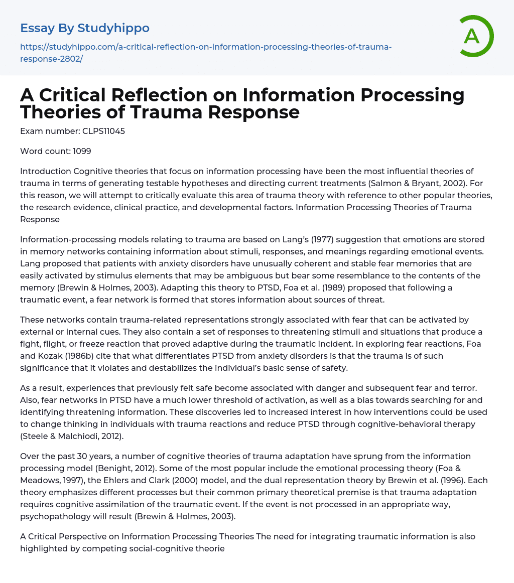 A Critical Reflection on Information Processing Theories of Trauma Response Essay Example