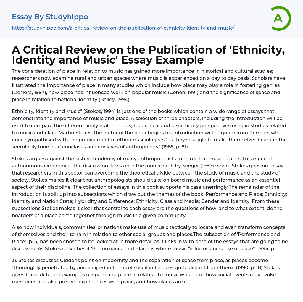 A Critical Review on the Publication of ‘Ethnicity, Identity and Music’ Essay Example