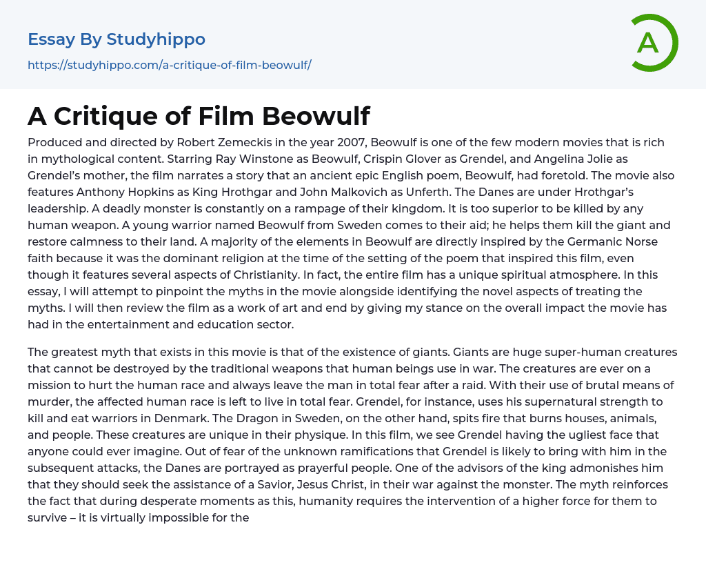 A Critique of Film Beowulf Essay Example