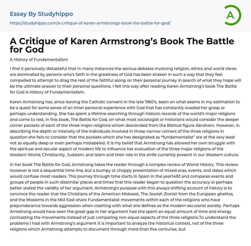 A Critique of Karen Armstrong’s Book The Battle for God Essay Example