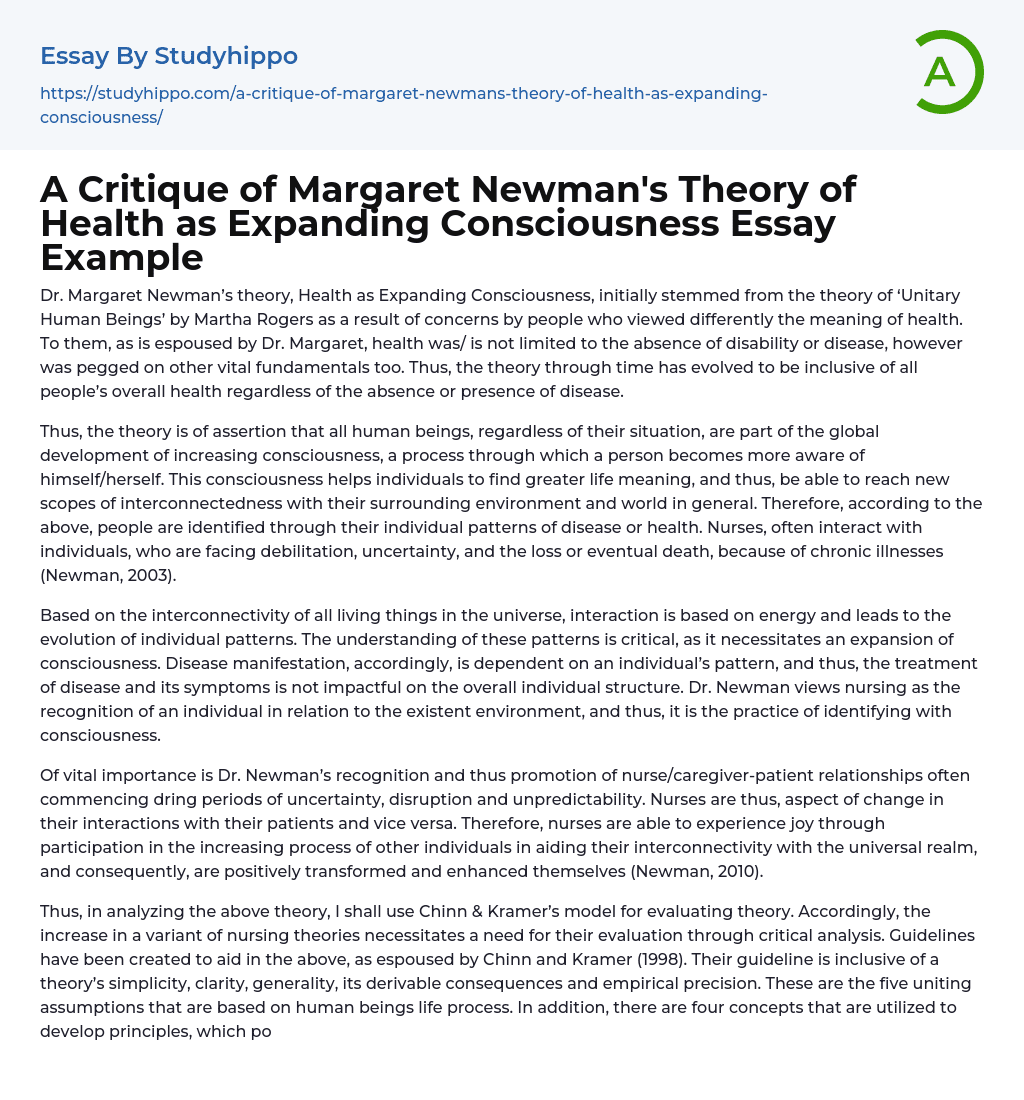 A Critique of Margaret Newman’s Theory of Health as Expanding Consciousness Essay Example