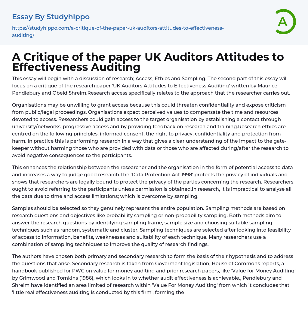 A Critique of the paper UK Auditors Attitudes to Effectiveness Auditing Essay Example