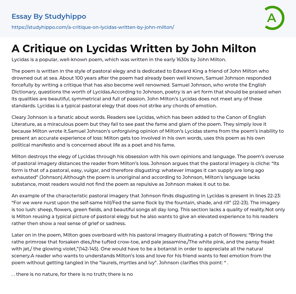 A Critique on Lycidas Written by John Milton Essay Example