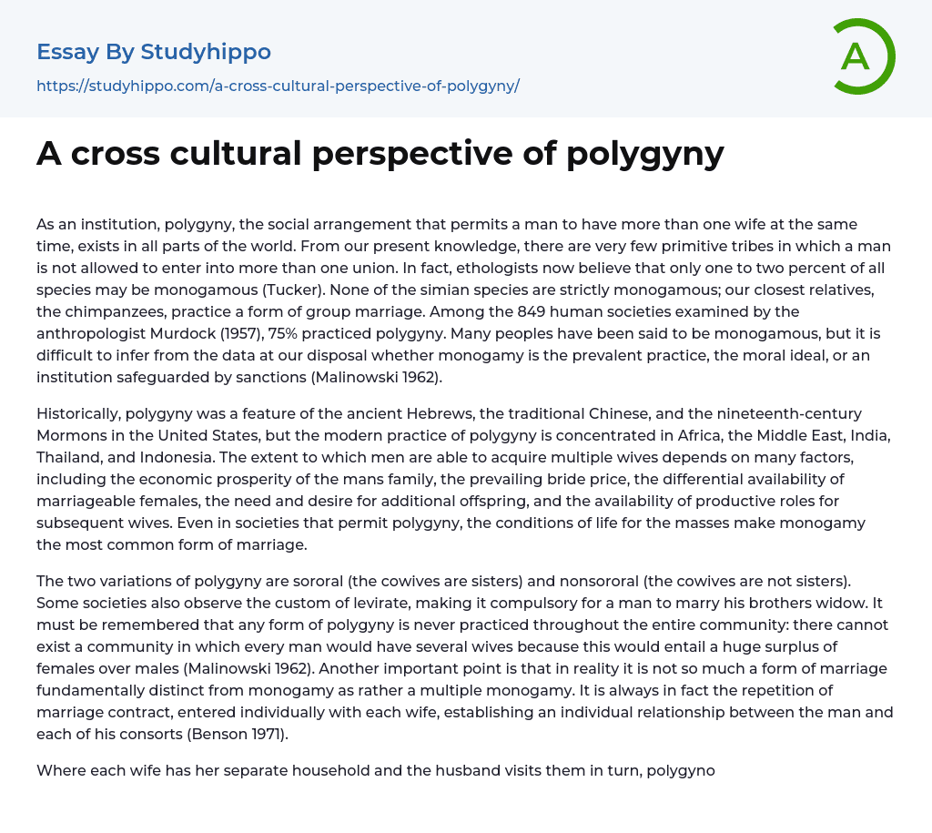 A cross cultural perspective of polygyny Essay Example
