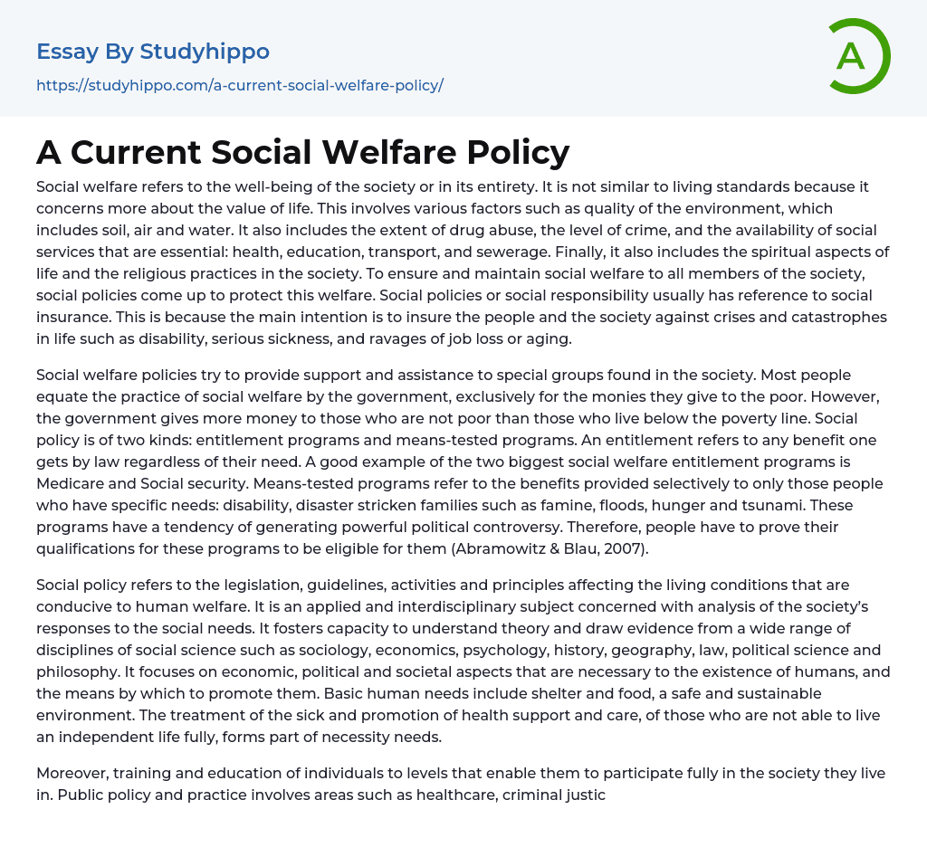 A Current Social Welfare Policy Essay Example