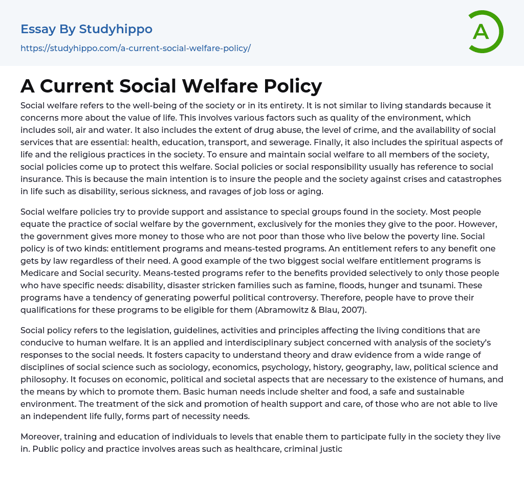 A Current Social Welfare Policy Essay Example StudyHippo