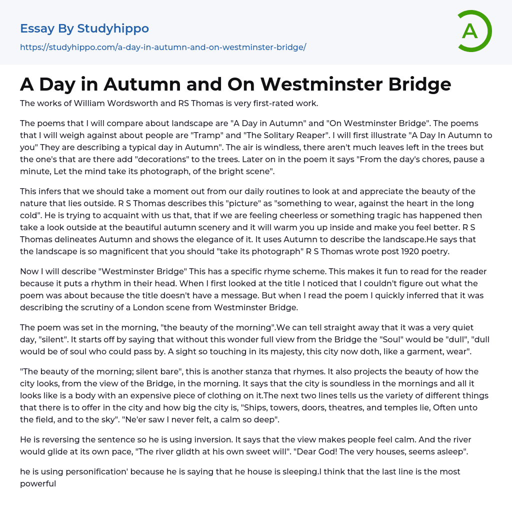 A Day in Autumn and On Westminster Bridge Essay Example
