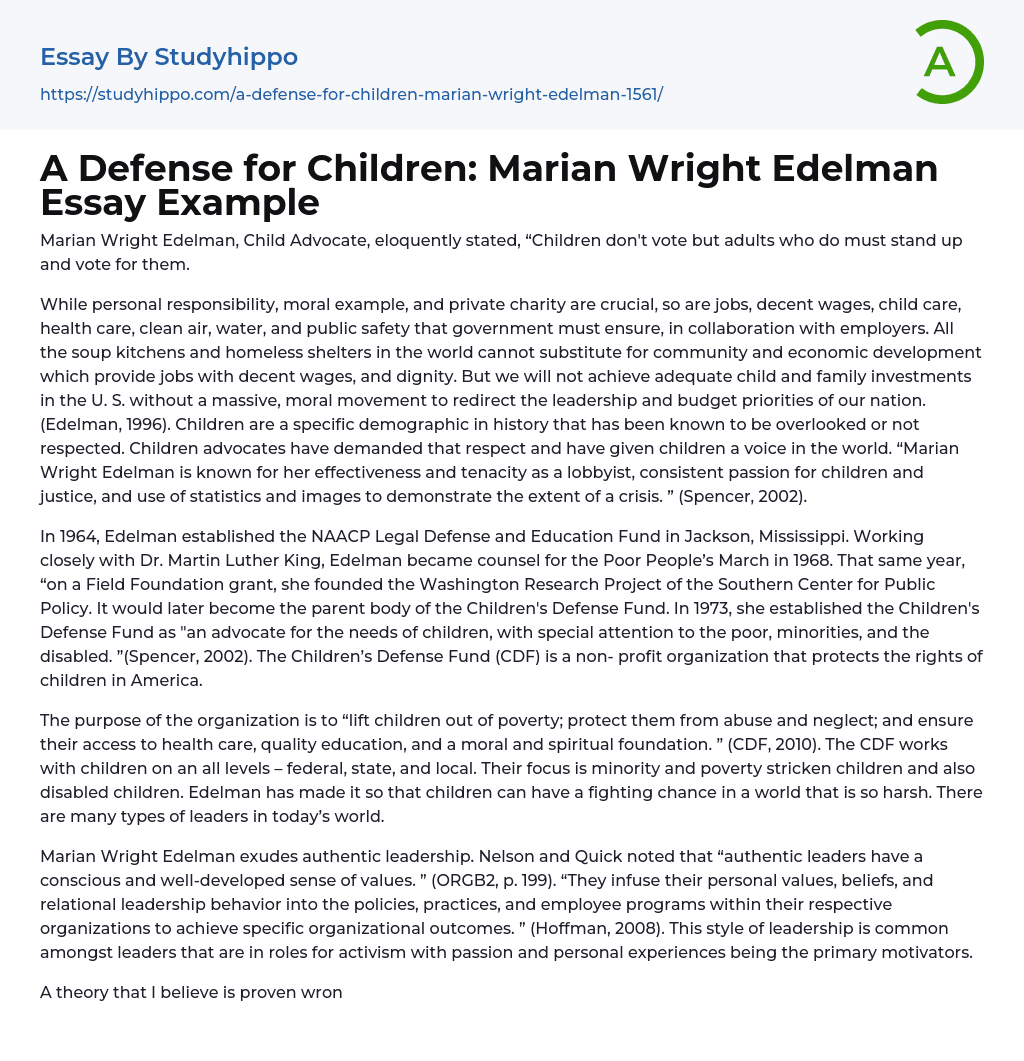 A Defense for Children: Marian Wright Edelman Essay Example