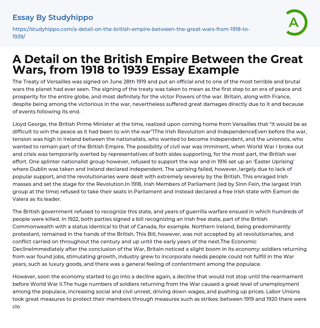 A Detail on the British Empire Between the Great Wars, from 1918 to 1939 Essay Example