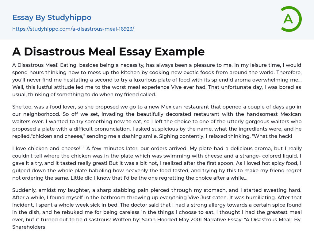 A Disastrous Meal Essay Example