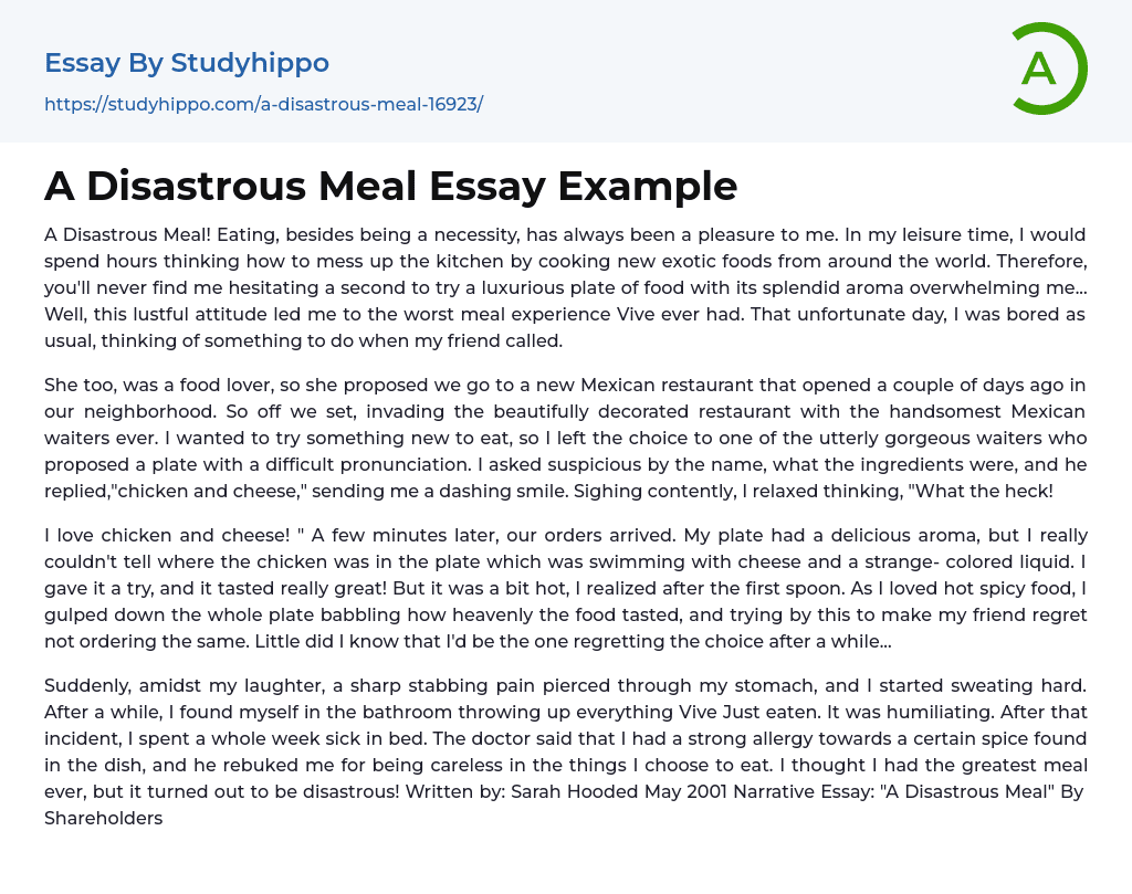 A Disastrous Meal Essay Example StudyHippo