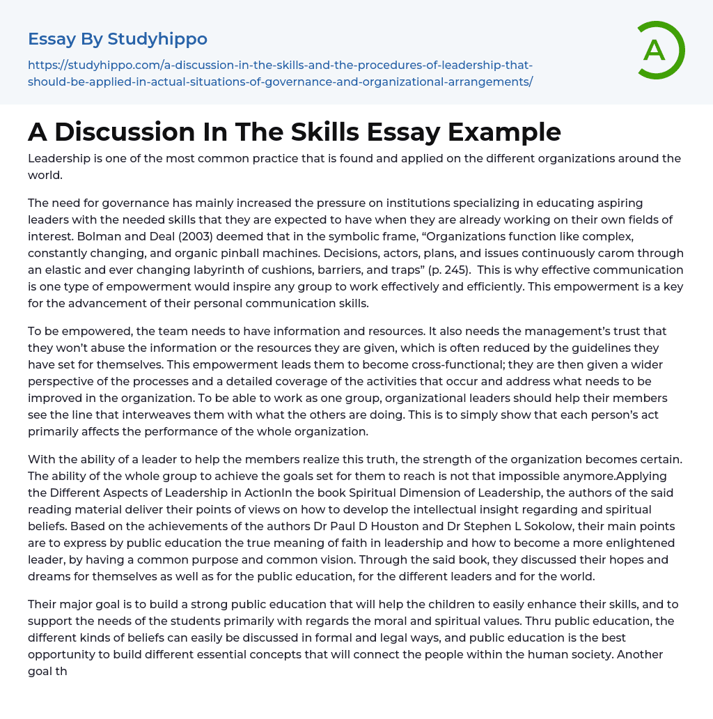 A Discussion In The Skills Essay Example