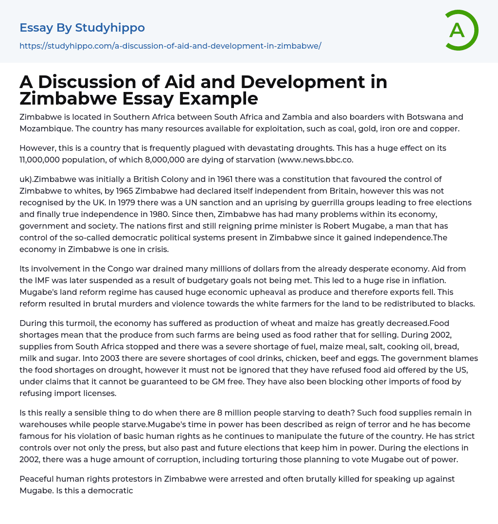 A Discussion of Aid and Development in Zimbabwe Essay Example