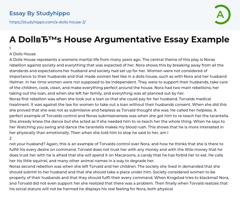 A Doll’s House Argumentative Essay Example