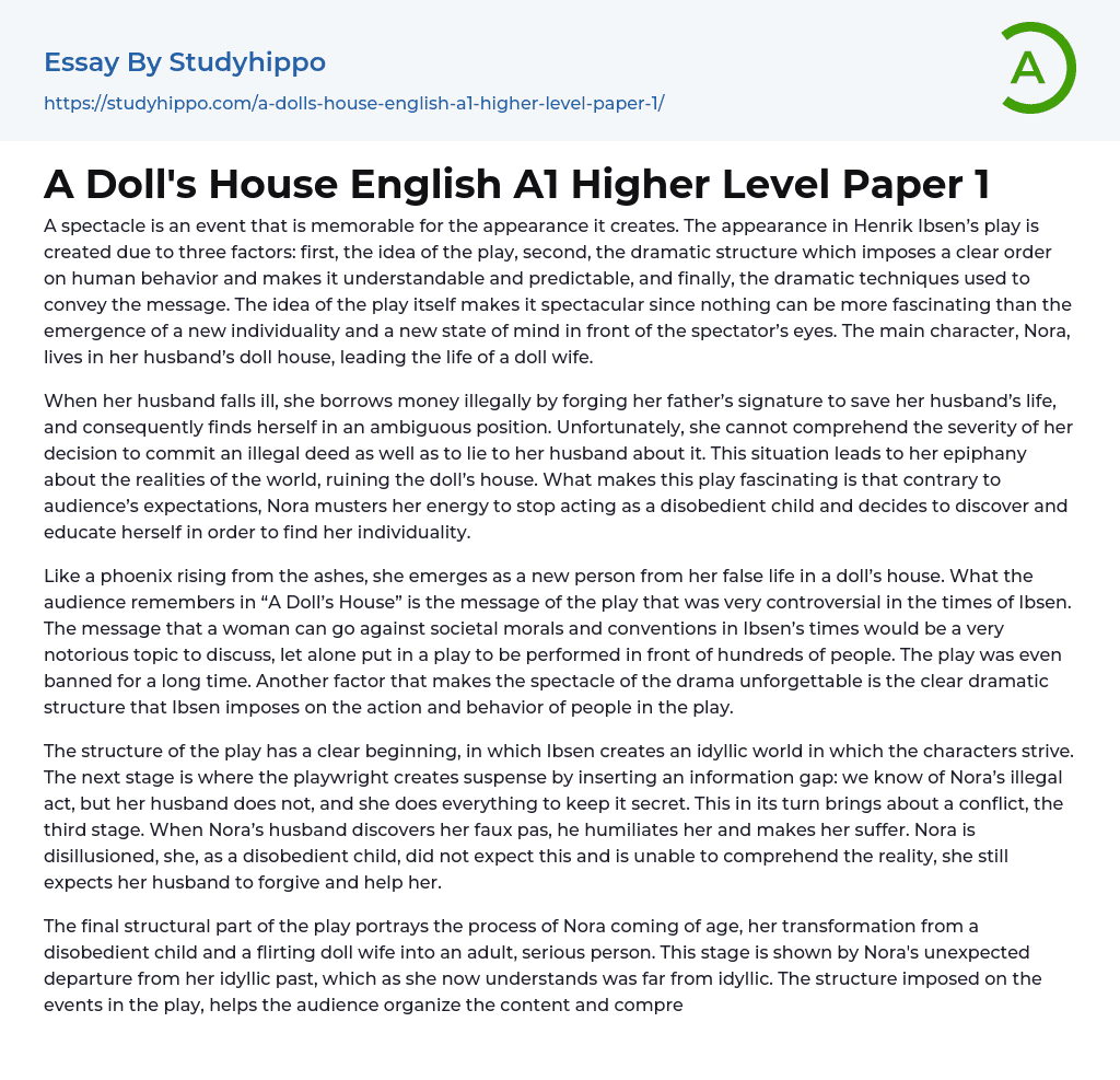 A Doll’s House English A1 Higher Level Paper 1 Essay Example