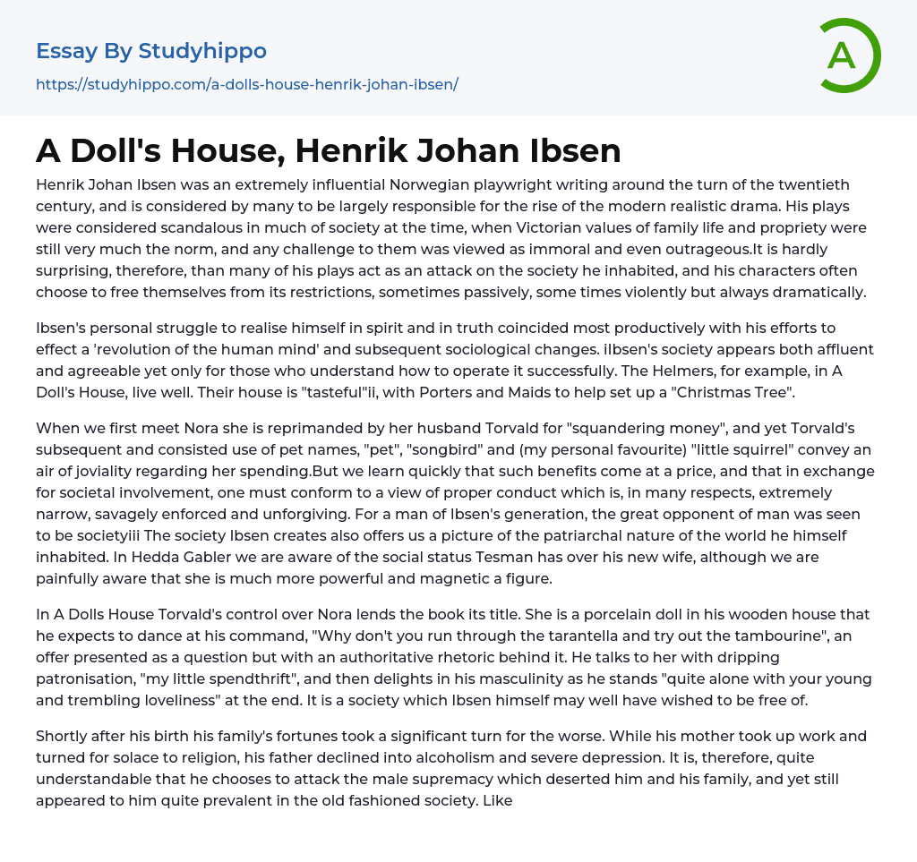 A Doll’s House, Henrik Johan Ibsen Essay Example