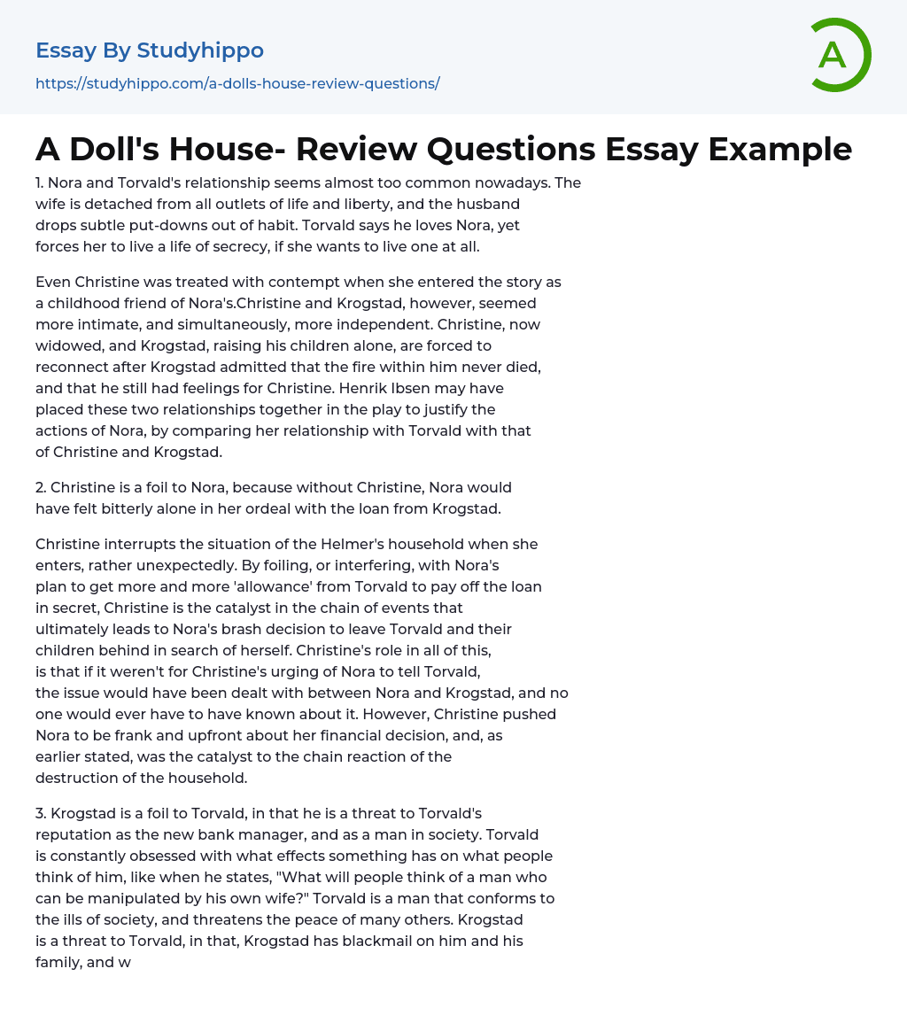 A Doll’s House- Review Questions Essay Example