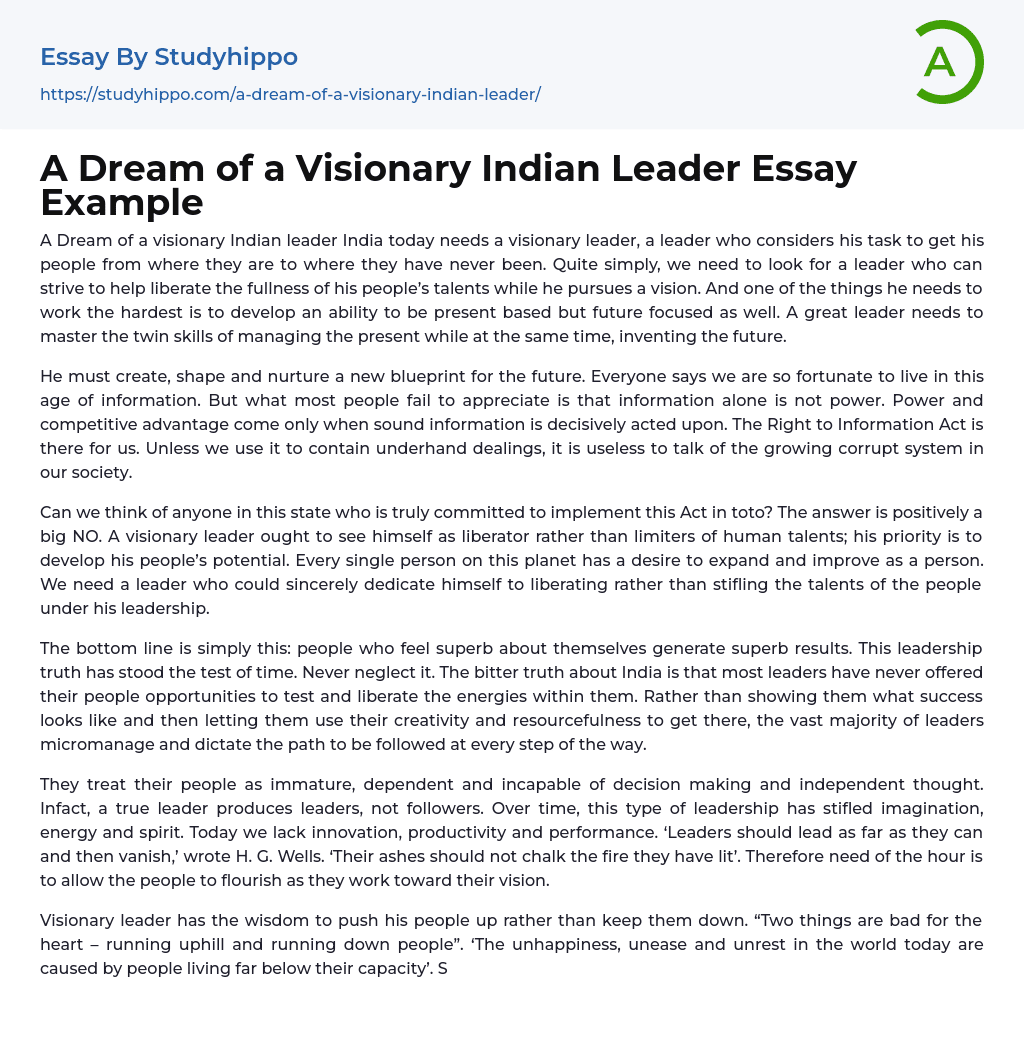 A Dream of a Visionary Indian Leader Essay Example