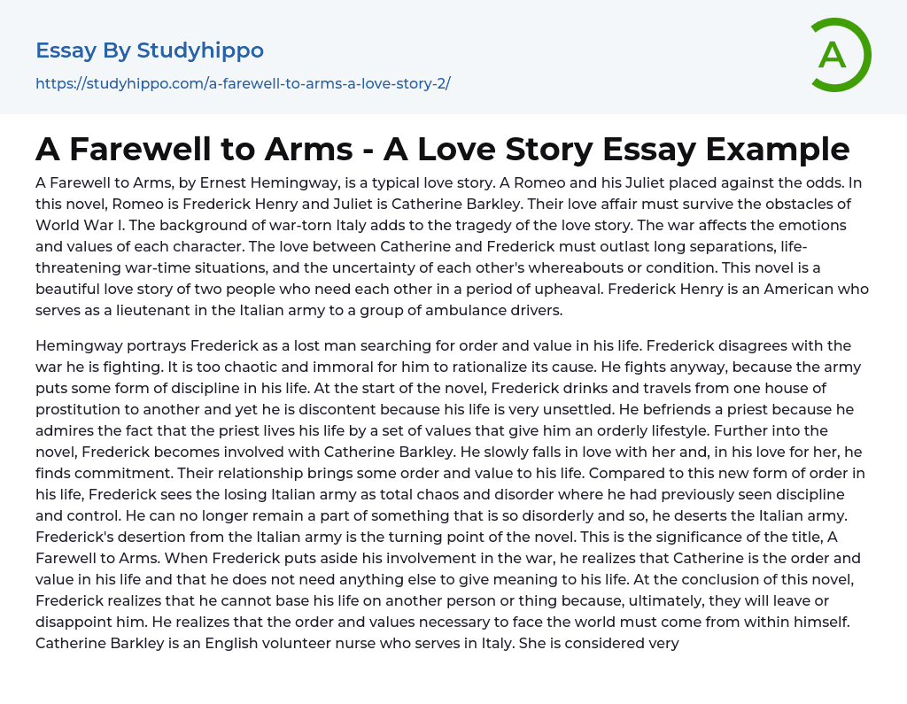 A Farewell to Arms – A Love Story Essay Example