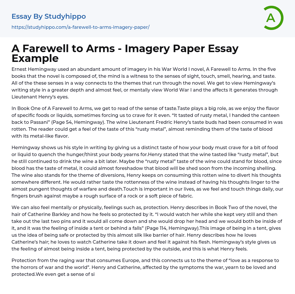 A Farewell to Arms – Imagery Paper Essay Example
