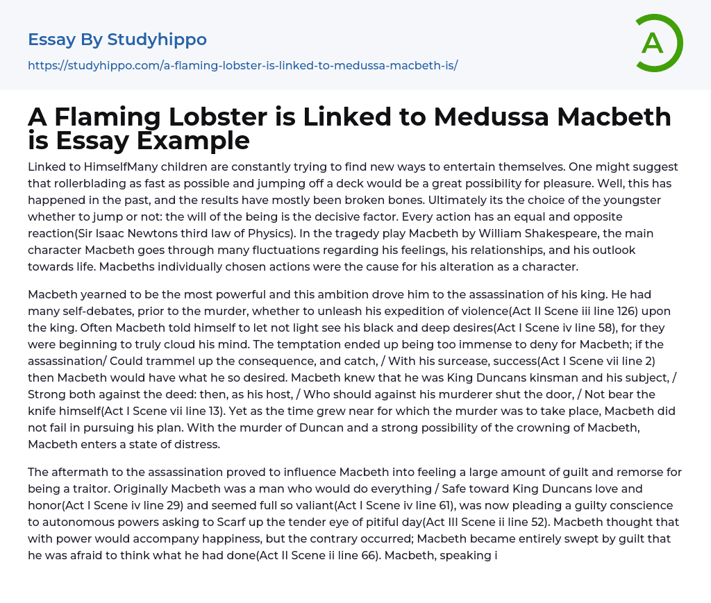 A Flaming Lobster is Linked to Medussa Macbeth is Essay Example