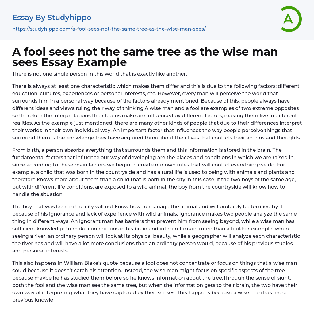A fool sees not the same tree as the wise man sees Essay Example