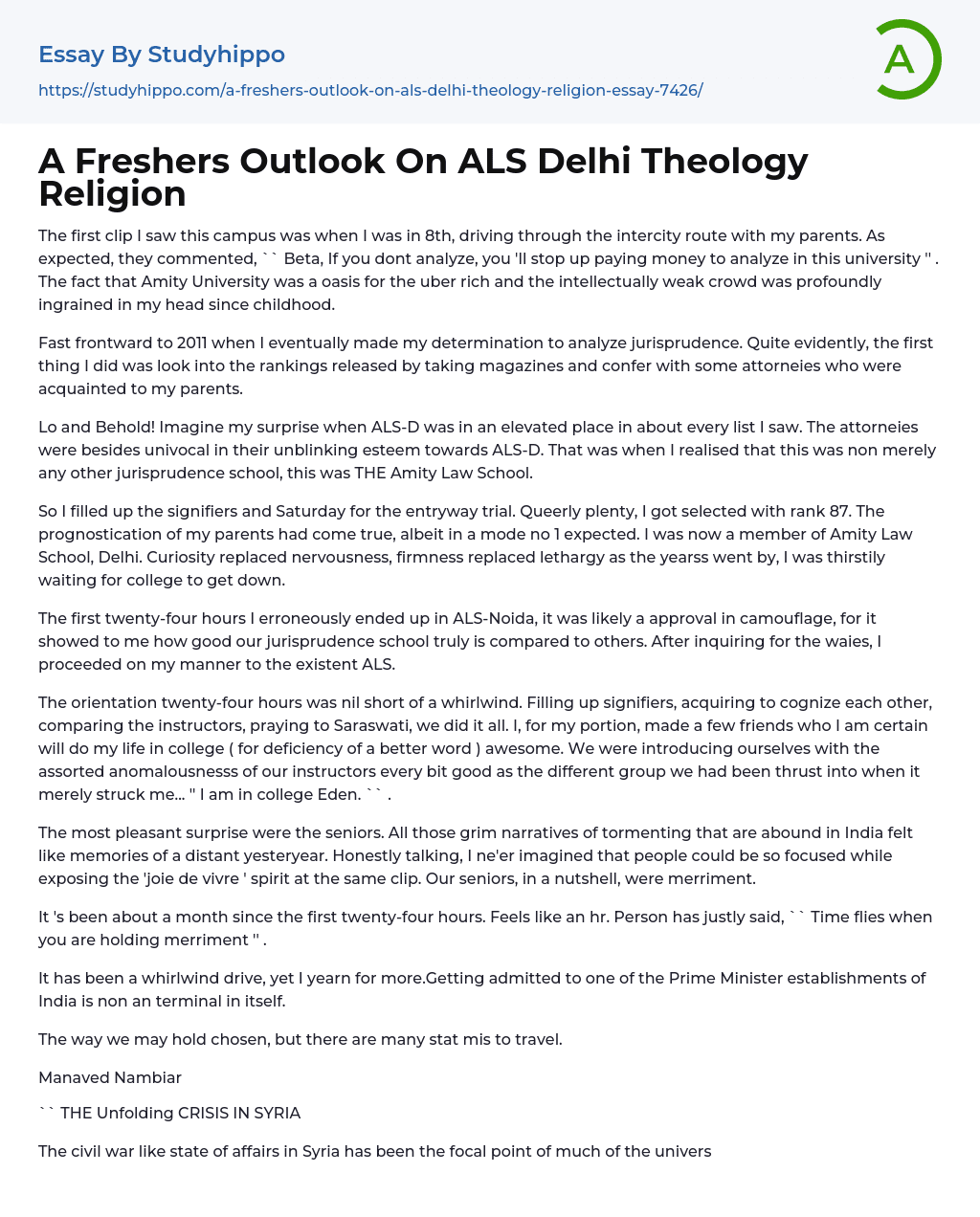 A Freshers Outlook On ALS Delhi Theology Religion Essay Example