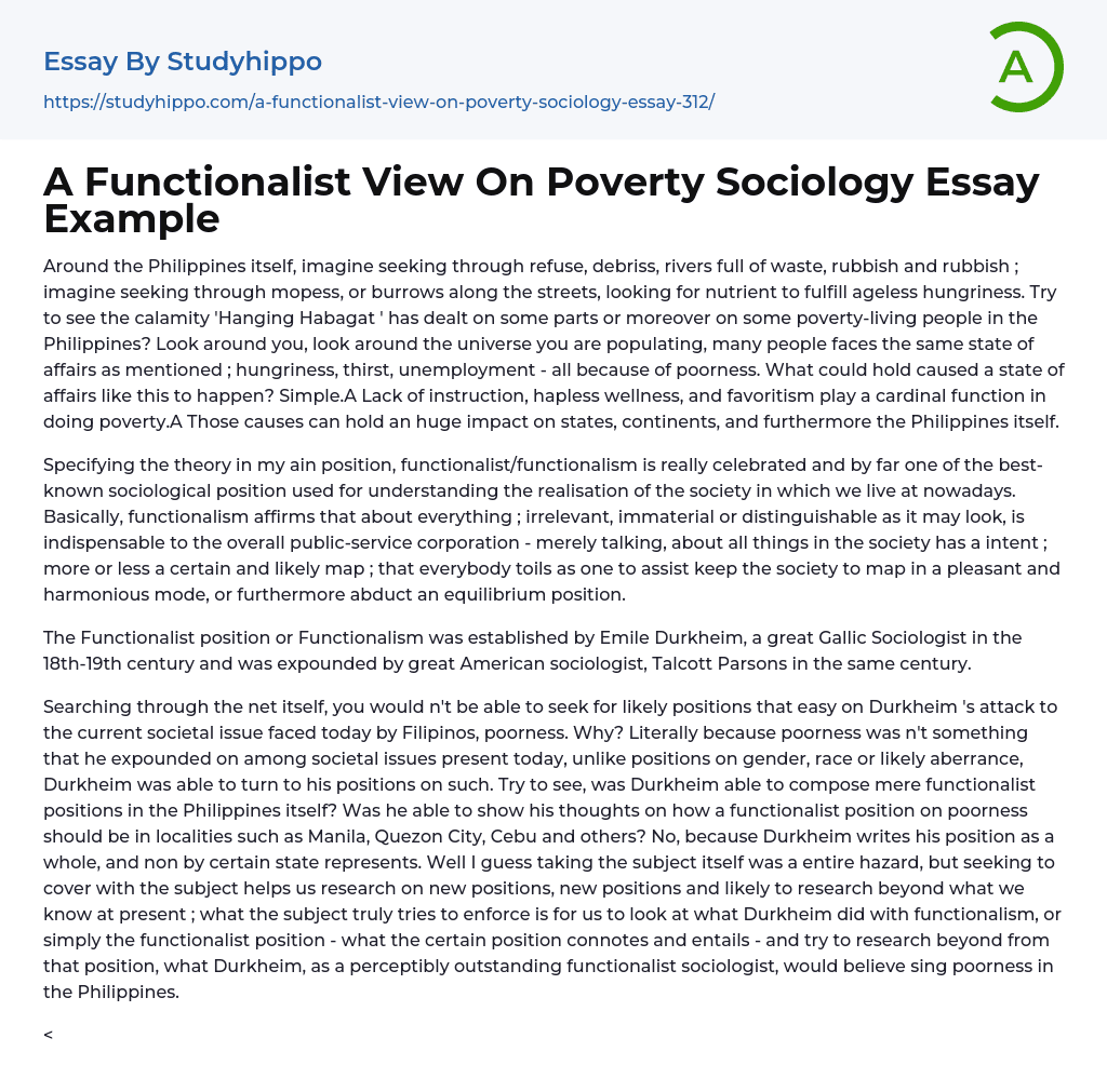 A Functionalist View On Poverty Sociology Essay Example