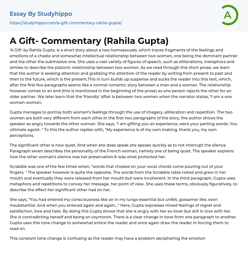 A Gift- Commentary (Rahila Gupta) Essay Example