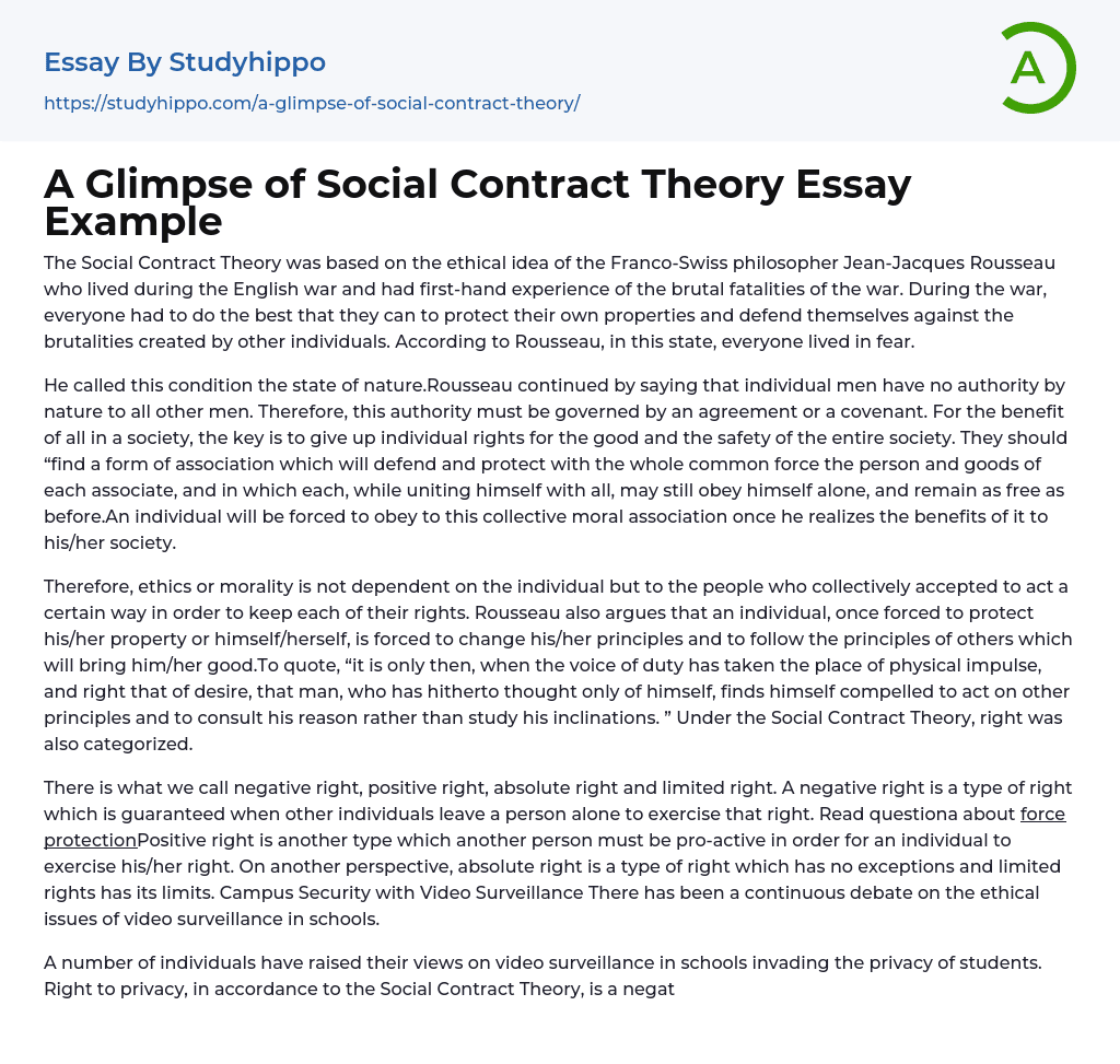 A Glimpse of Social Contract Theory Essay Example
