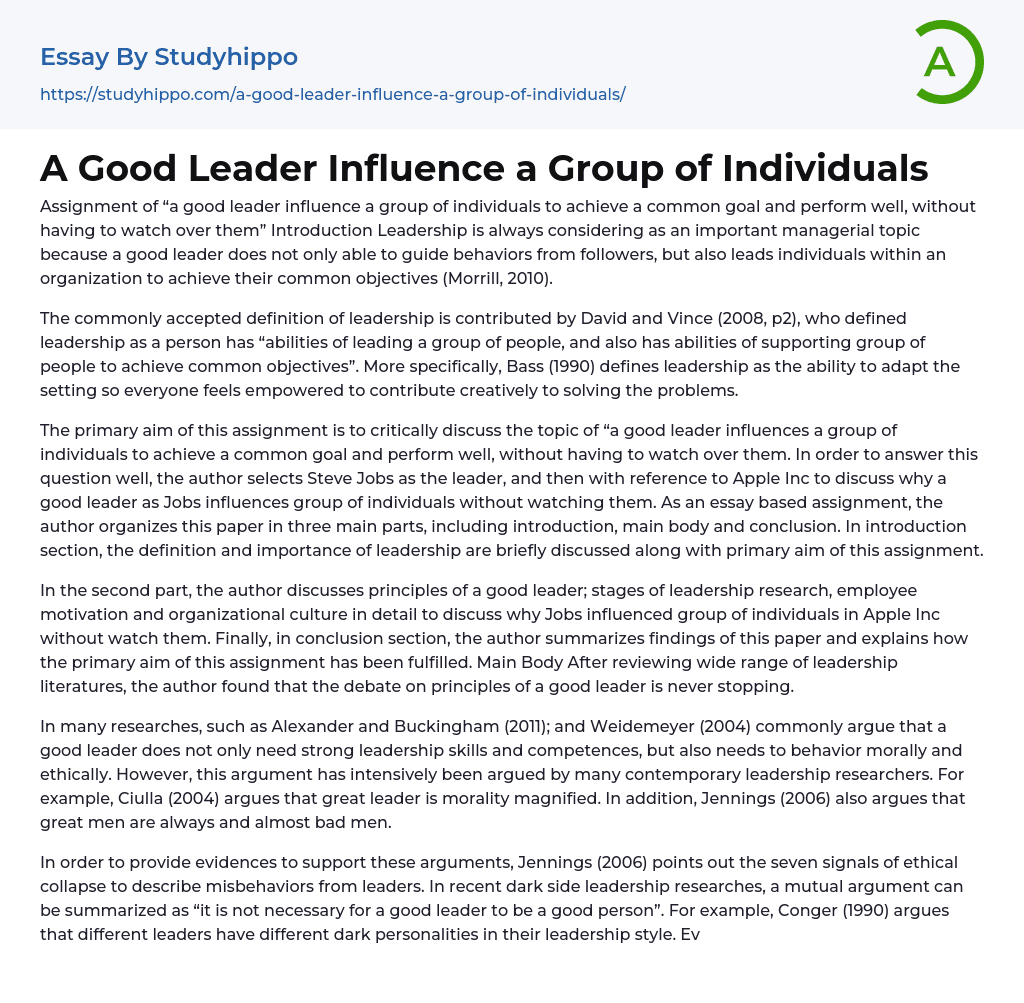 A Good Leader Influence a Group of Individuals Essay Example