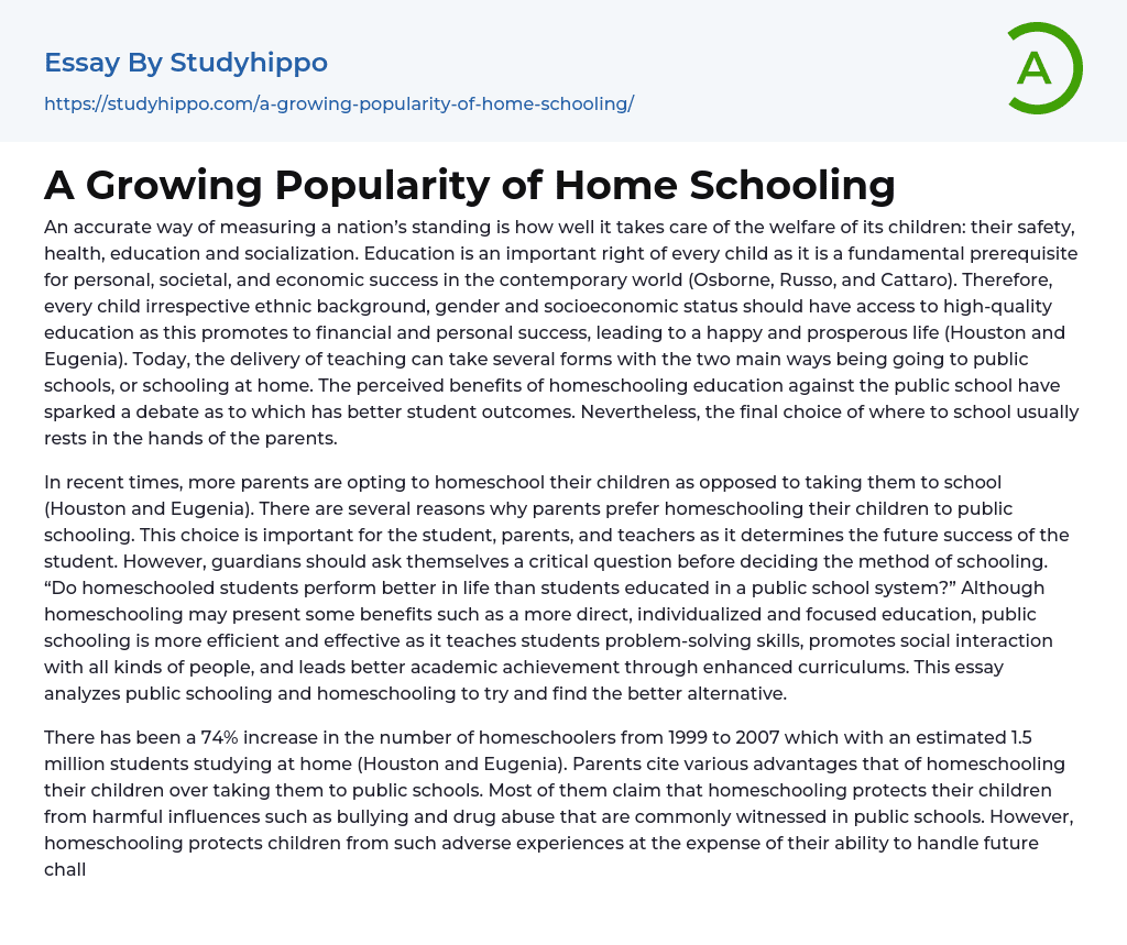 A Growing Popularity of Home Schooling Essay Example