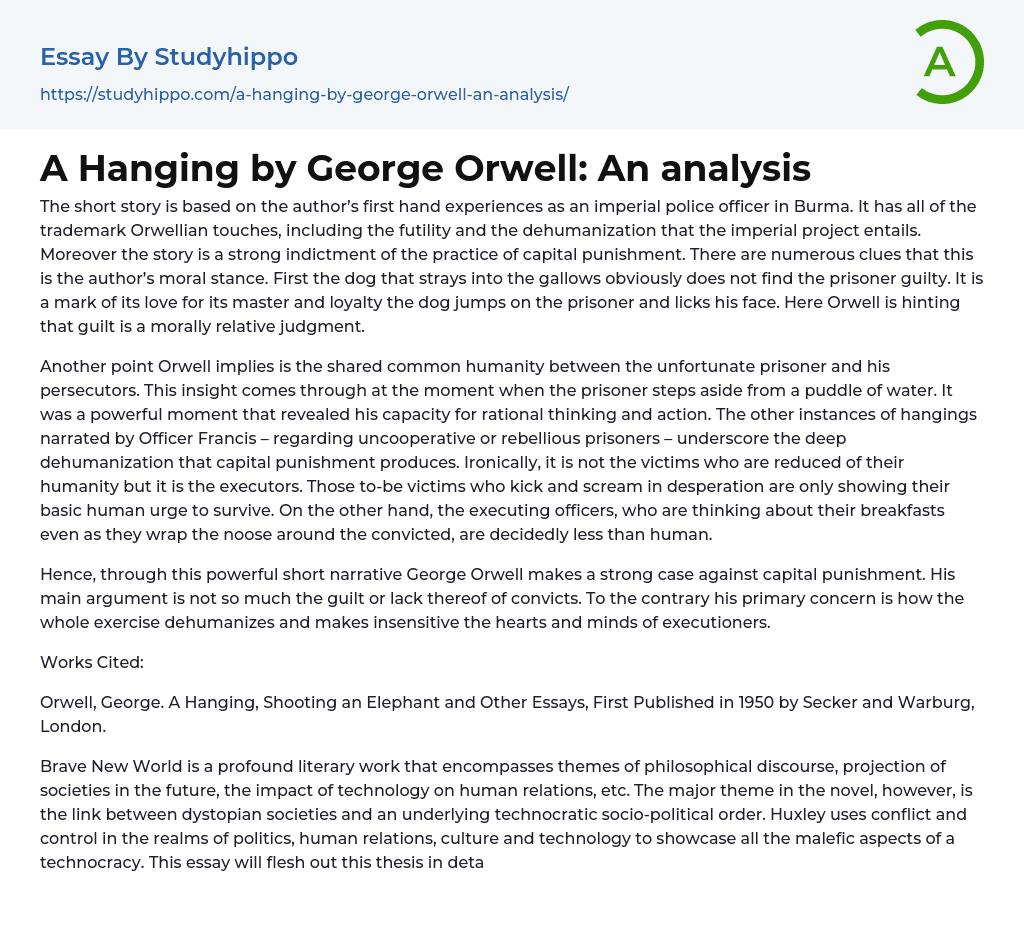 A Hanging by George Orwell: An analysis Essay Example
