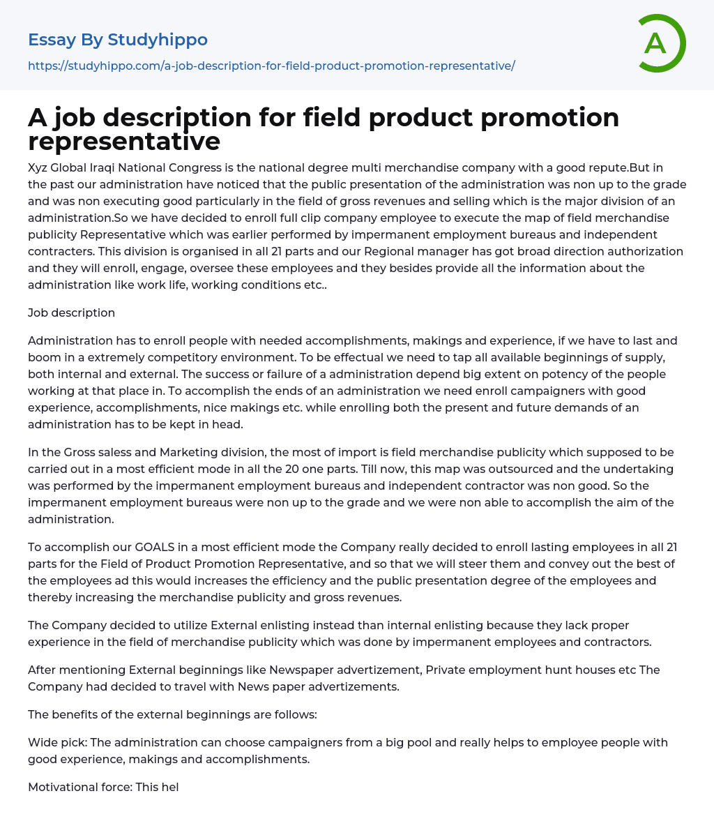A job description for field product promotion representative Essay Example