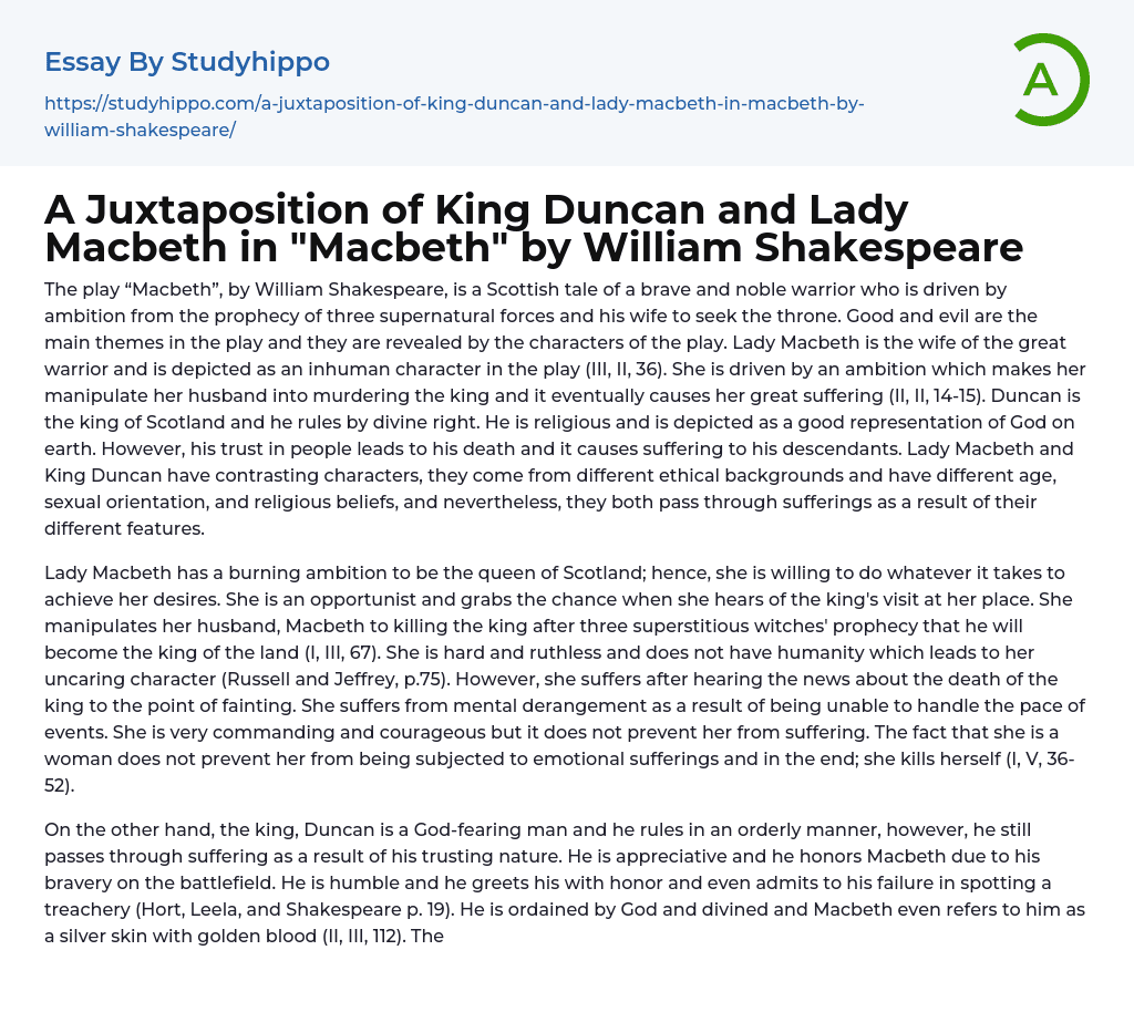 A Juxtaposition of King Duncan and Lady Macbeth in “Macbeth” by William Shakespeare Essay Example